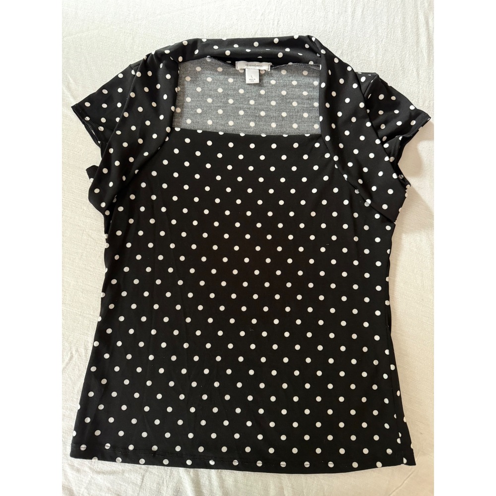 Dressbarn Women Black White Polka Dot Square Neck Short Sleeve Blouse Large